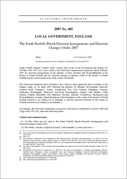 The South Norfolk (Parish Electoral Arrangements and Electoral Changes) Order 2007