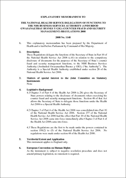 EXPLANATORY MEMORANDUM TO THE NATIONAL HEALTH SERVICE DELEGATION OF  FUNCTIONS TO THE NHS BUSINESS SERVICES AUTHORITY (AWDURDOD G