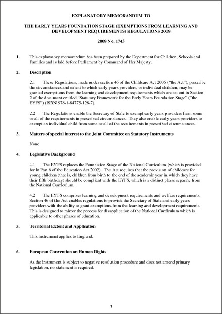 The Early Years Foundation Stage (Exemptions from Learning and Development  Requirements) Regulations 2008 - Explanatory Memorandum