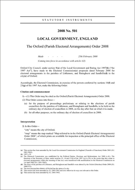 The Oxford (Parish Electoral Arrangements) Order 2008