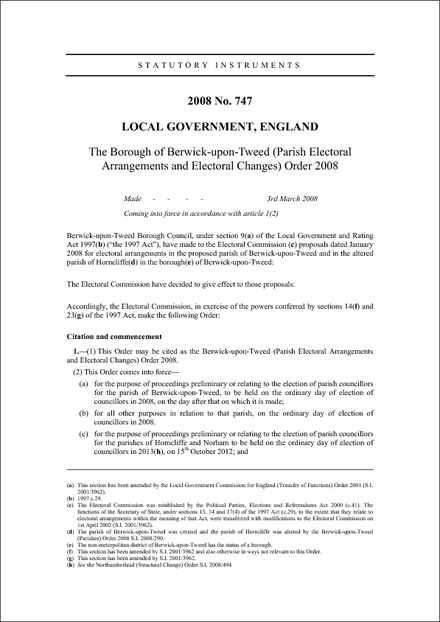 The Borough of Berwick-upon-Tweed (Parish Electoral Arrangements and Electoral Changes) Order 2008