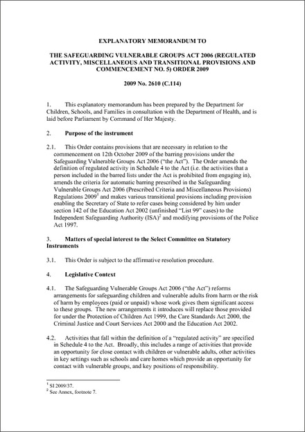 The Safeguarding Vulnerable Groups Act 2006 (Regulated Activity,  Miscellaneous and Transitional Provisions and Commencement No. 5) Order  2009 - Explanatory Memorandum