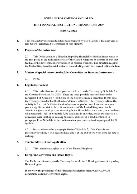 The Financial Restrictions (Iran) Order 2009 - Explanatory Memorandum