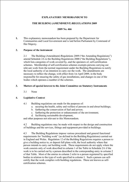 The Building (amendment) Regulations 2009 - Explanatory Memorandum