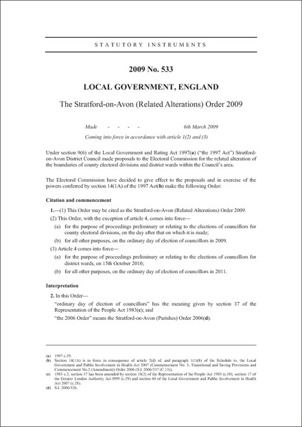 The Stratford-on-Avon (Related Alterations) Order 2009