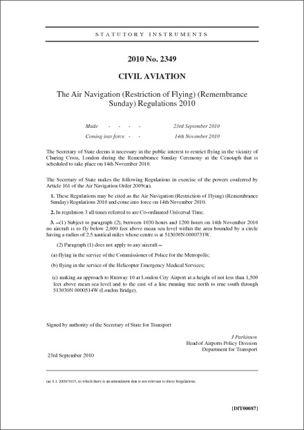 The Air Navigation (Restriction of Flying) (Remembrance Sunday) Regulations 2010