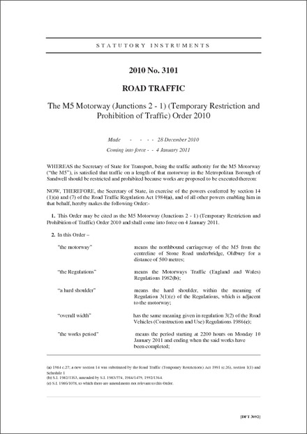 The M5 Motorway (Junctions 2 - 1) (Temporary Restriction and Prohibition of Traffic) Order 2010