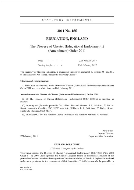 The Diocese of Chester (Educational Endowments) (Amendment) Order 2011