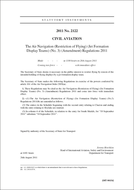 The Air Navigation (Restriction of Flying) (Jet Formation Display Teams) (No. 3) (Amendment) Regulations 2011