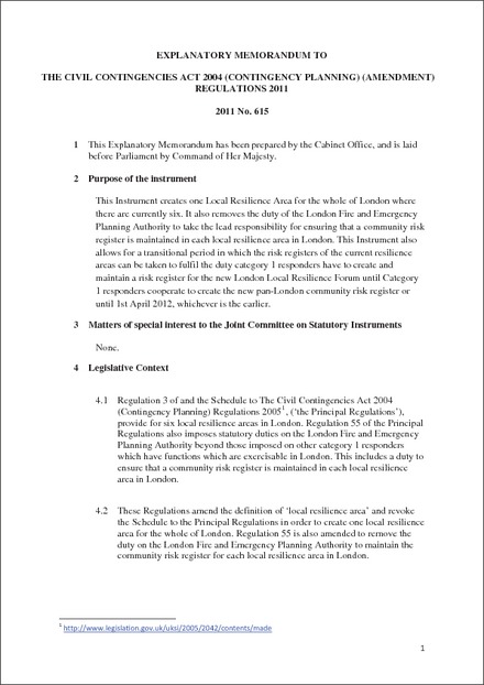 The Civil Contingencies Act 2004 (Contingency Planning) (Amendment)  Regulations 2011 - Explanatory Memorandum