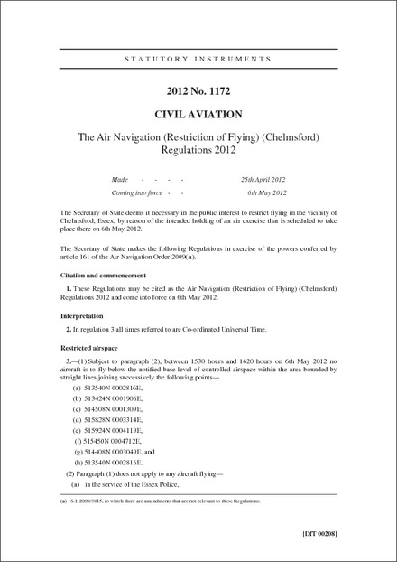The Air Navigation (Restriction of Flying) (Chelmsford) Regulations 2012