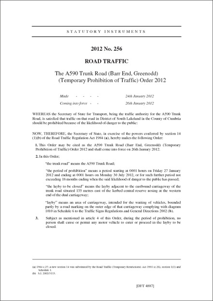 The A590 Trunk Road (Barr End, Greenodd) (Temporary Prohibition of Traffic) Order 2012