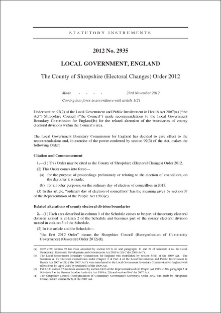 The County of Shropshire (Electoral Changes) Order 2012