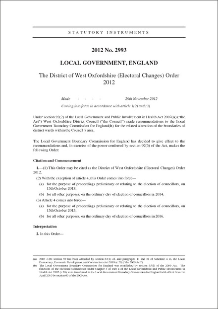 The District of West Oxfordshire (Electoral Changes) Order 2012