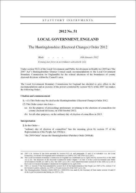 The Huntingdonshire (Electoral Changes) Order 2012