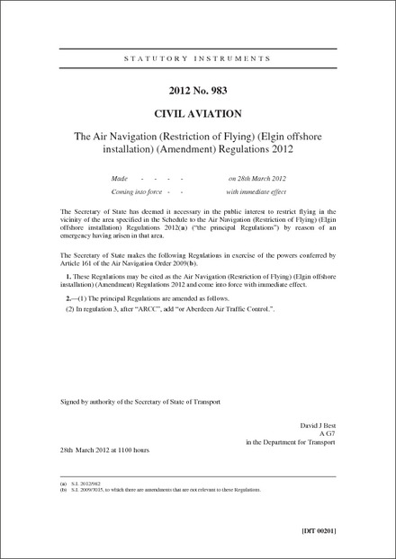 The Air Navigation (Restriction of Flying) (Elgin offshore installation) (Amendment) Regulations 2012