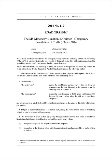 The M5 Motorway (Junction 3, Quinton) (Temporary Prohibition of Traffic) Order 2014