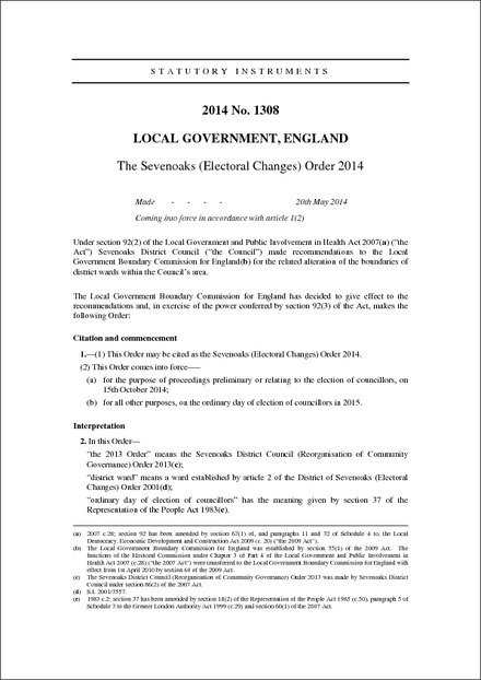 The Sevenoaks (Electoral Changes) Order 2014