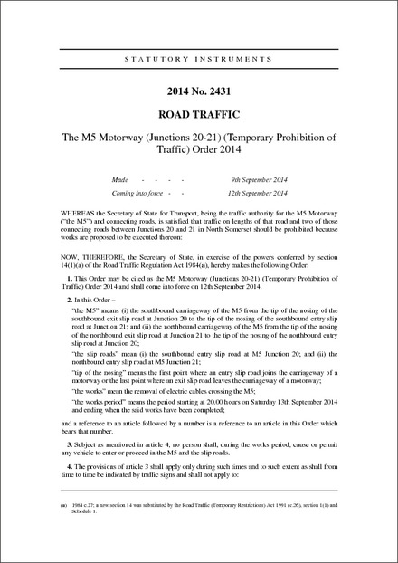 The M5 Motorway (Junctions 20-21) (Temporary Prohibition of Traffic) Order 2014