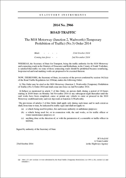 The M18 Motorway (Junction 2, Wadworth) (Temporary Prohibition of Traffic) (No.3) Order 2014