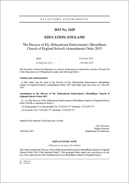 The Diocese of Ely (Educational Endowments) (Shouldham Church of England School) (Amendment) Order 2015