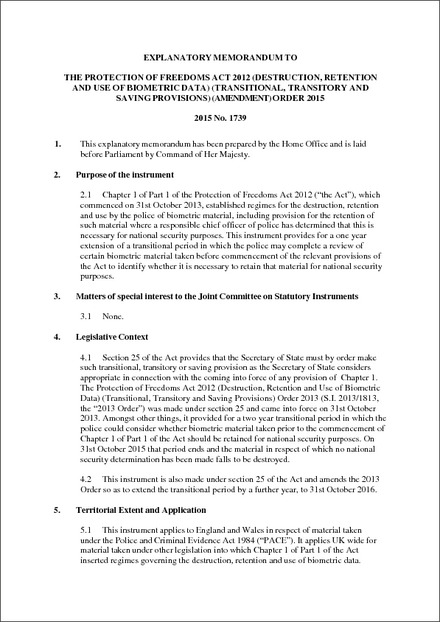 The Protection of Freedoms Act 2012 (Destruction, Retention and Use of  Biometric Data) (Transitional, Transitory and Saving Provisions)  (Amendment) Order 2015 - Explanatory Memorandum