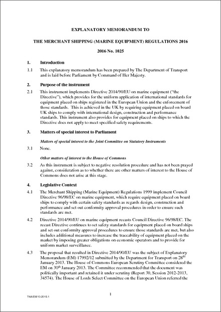 The Merchant Shipping (Marine Equipment) Regulations 2016 - Explanatory ...