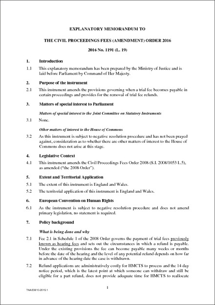 The Civil Proceedings Fees (Amendment) Order 2016 - Explanatory Memorandum