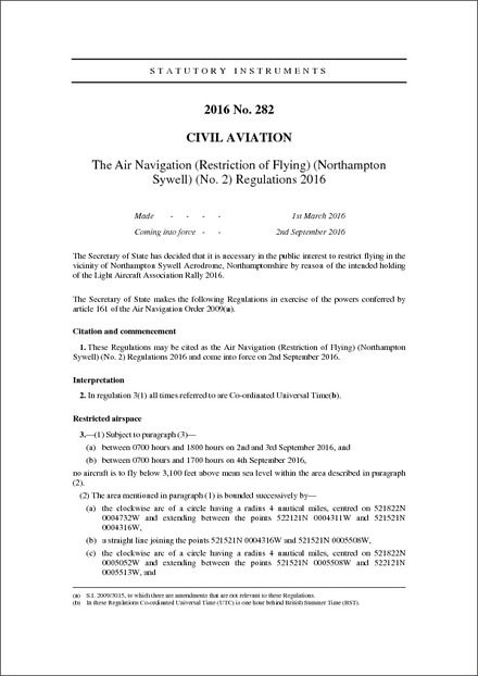 The Air Navigation (Restriction of Flying) (Northampton Sywell) (No. 2) Regulations 2016
