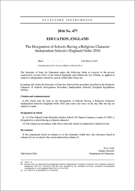 The Designation of Schools Having a Religious Character (Independent Schools) (England) Order 2016