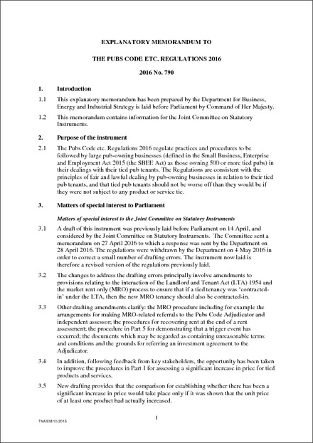 The Pubs Code etc. Regulations 2016 - Explanatory Memorandum