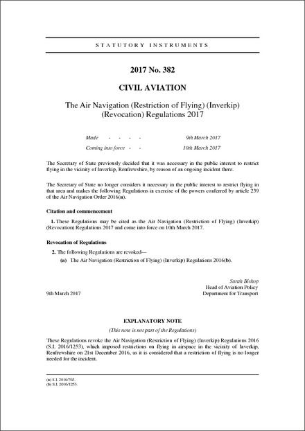The Air Navigation (Restriction of Flying) (Inverkip) (Revocation) Regulations 2017