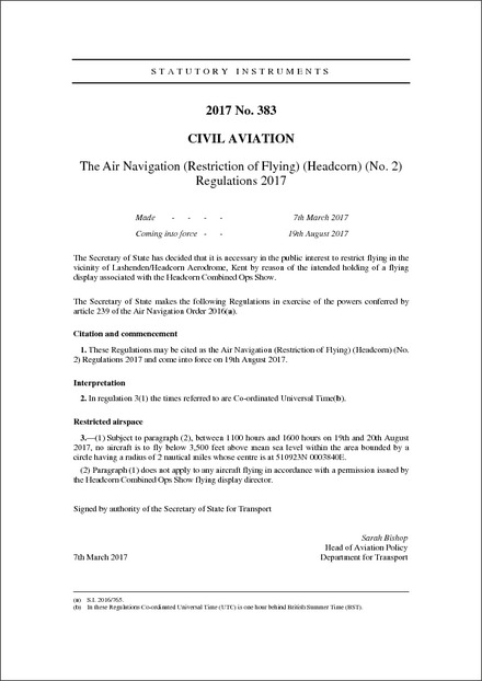 The Air Navigation (Restriction of Flying) (Headcorn) (No. 2) Regulations 2017