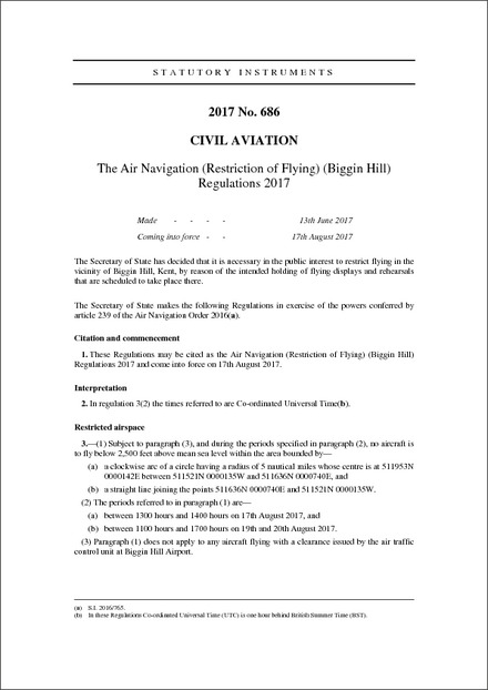 The Air Navigation (Restriction of Flying) (Biggin Hill) Regulations 2017
