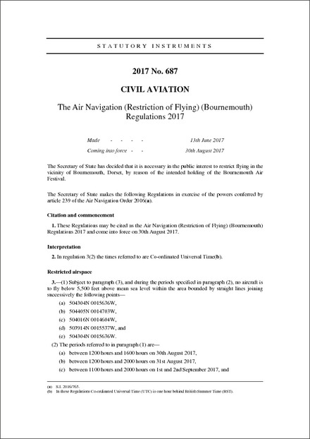 The Air Navigation (Restriction of Flying) (Bournemouth) Regulations 2017