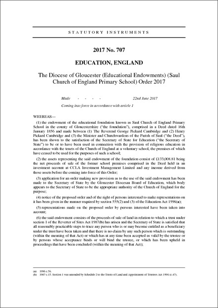 The Diocese of Gloucester (Educational Endowments) (Saul Church of England Primary School) Order 2017