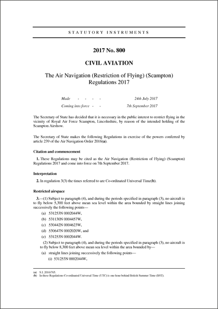 The Air Navigation (Restriction of Flying) (Scampton) Regulations 2017