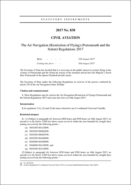 The Air Navigation (Restriction of Flying) (Portsmouth and the Solent) Regulations 2017