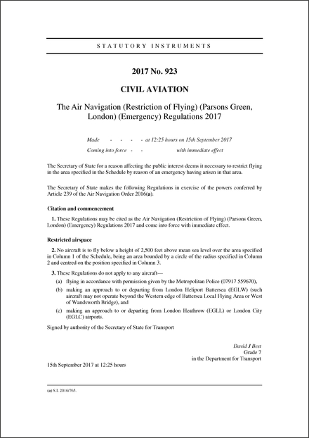The Air Navigation (Restriction of Flying) (Parsons Green, London) (Emergency) Regulations 2017