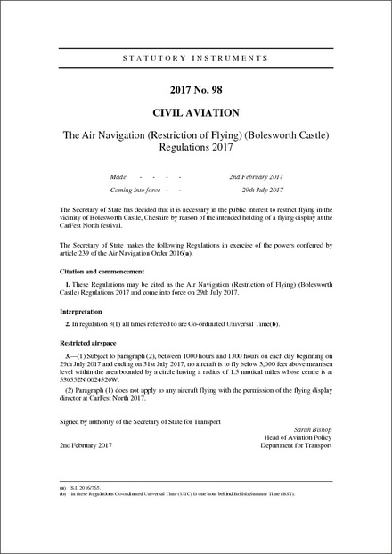 The Air Navigation (Restriction of Flying) (Bolesworth Castle) Regulations 2017