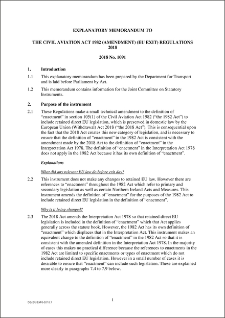 The Civil Aviation Act 1982 (Amendment) (EU Exit) Regulations 2018 -  Explanatory Memorandum