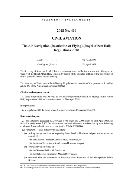 The Air Navigation (Restriction of Flying) (Royal Albert Hall) Regulations 2018