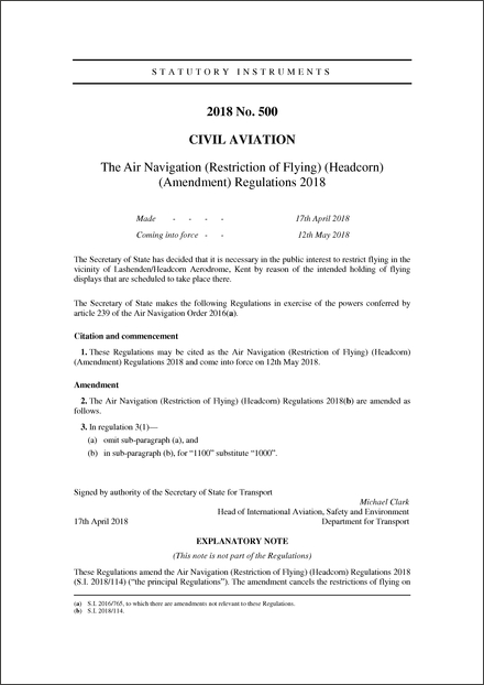 The Air Navigation (Restriction of Flying) (Headcorn) (Amendment) Regulations 2018