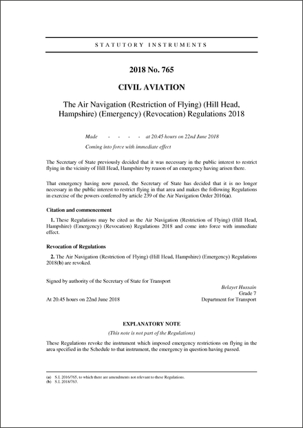 The Air Navigation (Restriction of Flying) (Hill Head, Hampshire) (Emergency) (Revocation) Regulations 2018