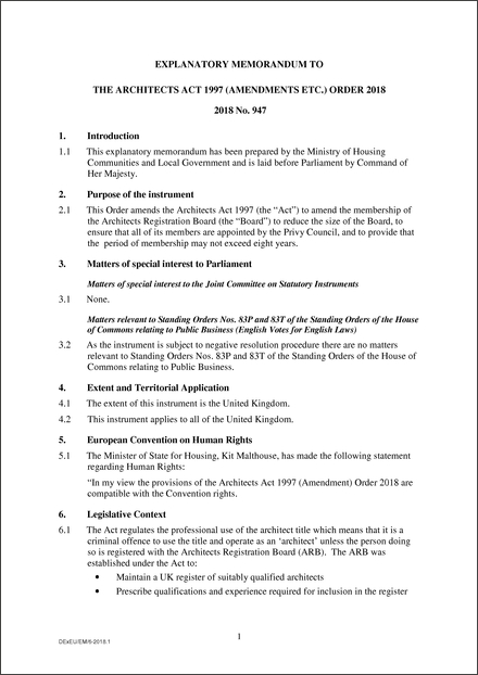 The Architects Act 1997 (Amendments etc.) Order 2018 - Explanatory  Memorandum