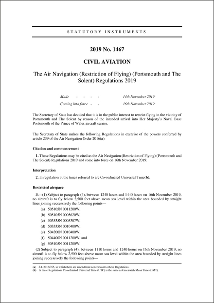 The Air Navigation (Restriction of Flying) (Portsmouth and The Solent) Regulations 2019