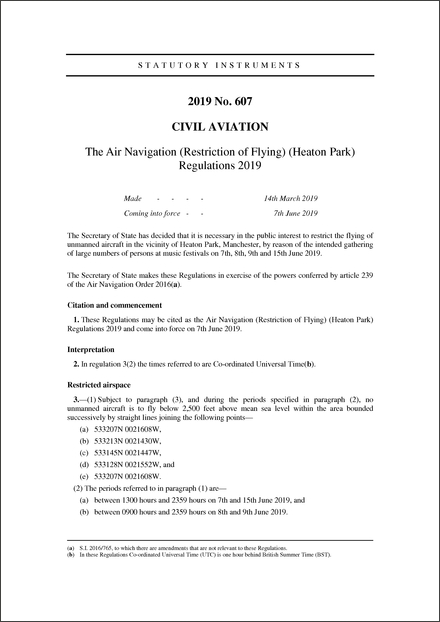 The Air Navigation (Restriction of Flying) (Heaton Park) Regulations 2019