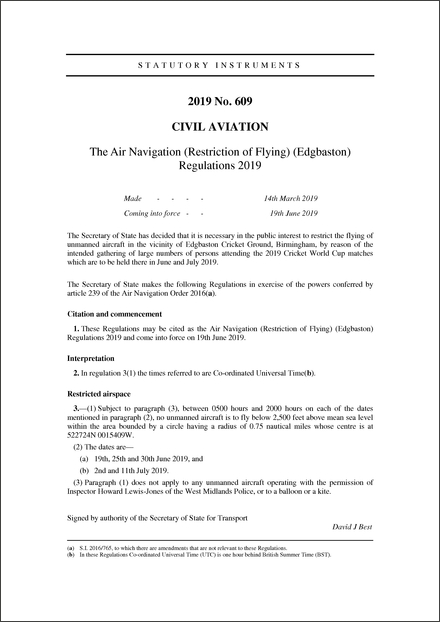 The Air Navigation (Restriction of Flying) (Edgbaston) Regulations 2019