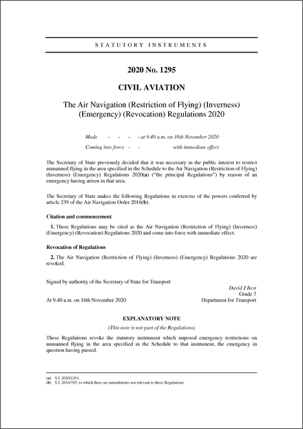 The Air Navigation (Restriction of Flying) (Inverness) (Emergency) (Revocation) Regulations 2020