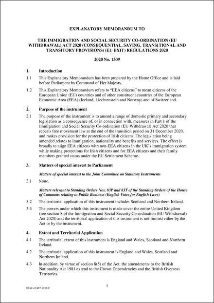 The Immigration and Social Security Co-ordination (EU Withdrawal) Act 2020  (Consequential, Saving, Transitional and Transitory Provisions) (EU Exit)  Regulations 2020 - Explanatory Memorandum